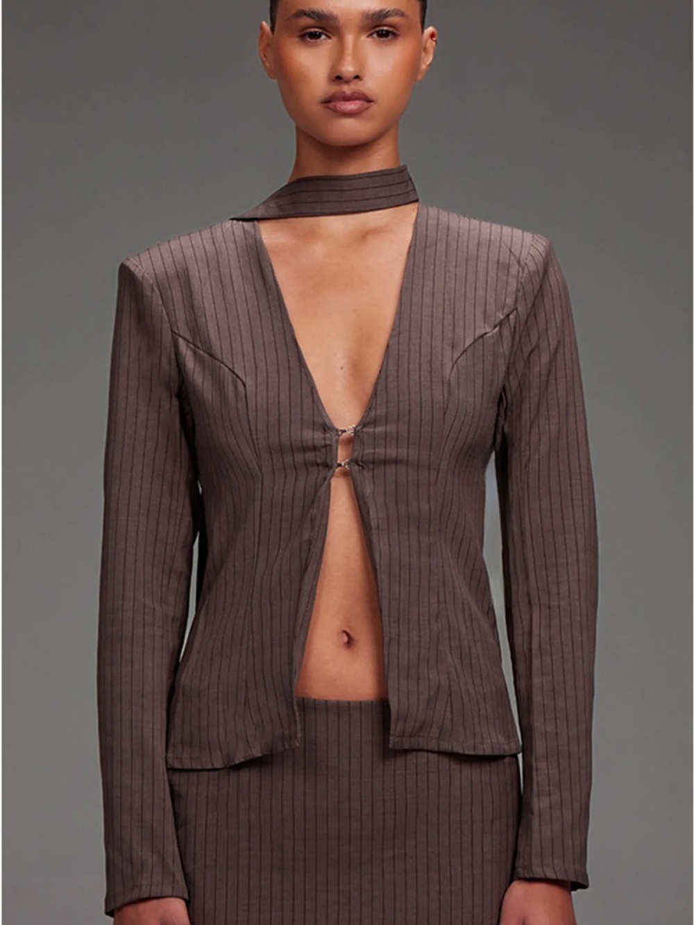 PrettyLittleThing Pinstripe Neck Tie Fitted Blazer Top